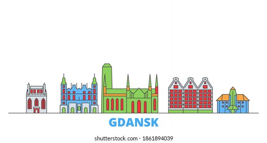 Polonia, Gdansk line cityscape, vector plano. Punto de referencia de la ciudad de viajes, ilustración de oultine, íconos del mundo de la línea