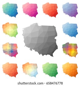 Poland geometric polygonal, mosaic style maps collection. Bright abstract tessellation, low poly style, modern design. Poland polygonal maps for your infographics or presentation.