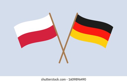 Poland and Germany crossed flags on stick. Polish and German national symbols. Vector illustration.