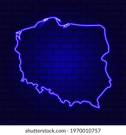 Poland glowing neon sign on brick wall background