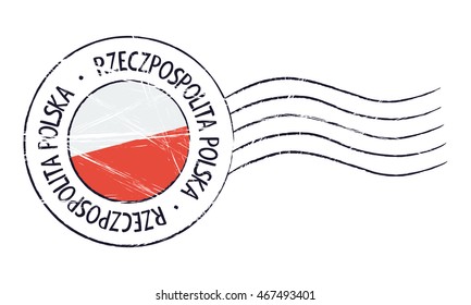 Poland  grunge postal stamp and flag on white background