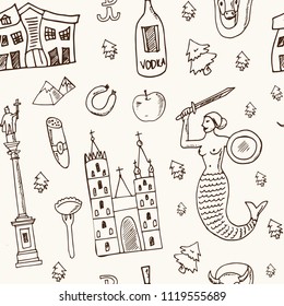 Poland hand drawn doodle seamless pattern. Sketches. Vector illustration for design and packages product. Symbol collection.