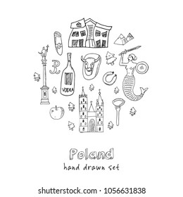 Poland hand drawn doodle set. Sketches. Vector illustration for design and packages product. Symbol collection.