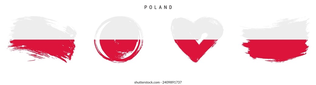 Poland hand drawn grunge style flag icon set. Polish banner in official colors. Free brush stroke shape, circle and heart-shaped. Flat vector illustration isolated on white.