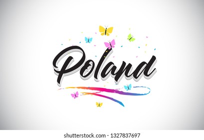 Poland Handwritten Word Text with Butterflies and Colorful Swoosh Vector Illustration Design.