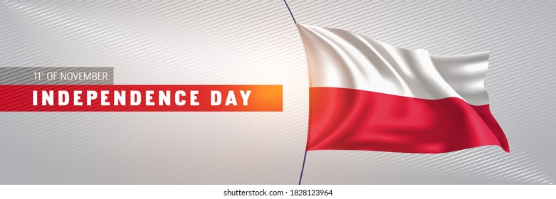 Poland happy independence day greeting card, banner vector illustration. Polish national holiday 11th of November design element with 3D waving flag on flagpole