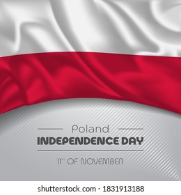 Poland happy independence day greeting card, banner vector illustration. Polish national holiday 11th of November square design element with waving flag