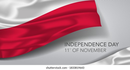 Tarjeta de saludo del Día de la Independencia de Polonia, cartel con ilustración del vector de texto de plantilla. Fiesta conmemorativa polaca 11 de noviembre elemento de diseño con bandera realista con rayas