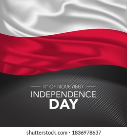 Poland happy independence day greeting card, banner, vector illustration. Polish memorial holiday 11th of November design element with realistic flag with stripe, square format