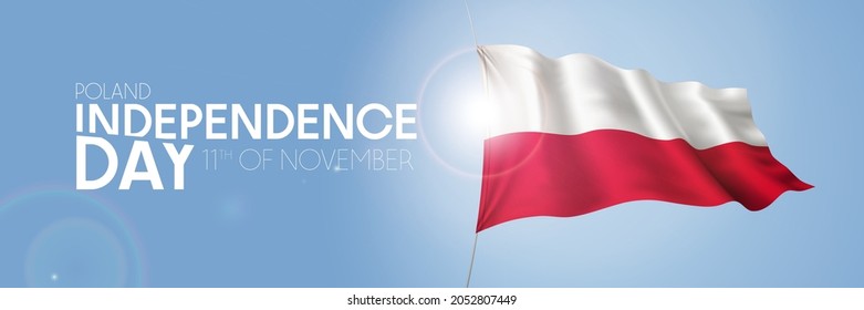 Poland happy independence day greeting card, banner with template text vector illustration. Polish memorial holiday 11th of November design element with 3D flag with stripes