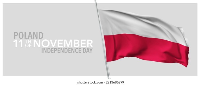 Polen glückliche Unabhängigkeit Tag Grußkarte, Banner mit Vorlage Text Vektorgrafik. Polnischer Gedenkurlaub 11. November Design-Element mit 3D-Flagge mit Streifen