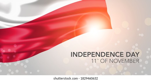 Poland happy independence day vector banner, greeting card. Polish realistic wavy flag in 11th of November national patriotic holiday horizontal design