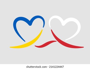 Poland helps Ukraine. Connecting hearts in the colors of Polish and Ukrainian flags. Support for Ukraine. "No" to the war. Gray background with vector illustration with space for text.