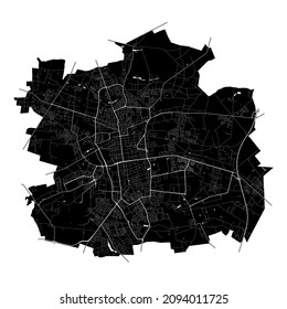 Łódź, Poland, high resolution vector map with city boundaries, and editable paths. The city map was drawn with white areas and lines for main roads, side roads and watercourses on a black background.