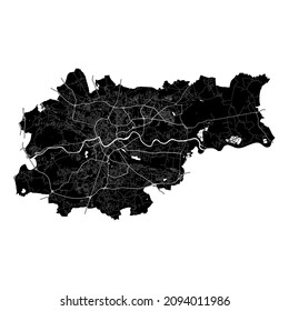 Kraków, Poland, high resolution vector map with city boundaries, and editable paths. The city map was drawn with white areas and lines for main roads, side roads and watercourses.