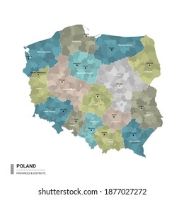 Poland higt detailed map with subdivisions. Administrative map of Poland with districts and cities name, colored by states and administrative districts. Vector illustration.