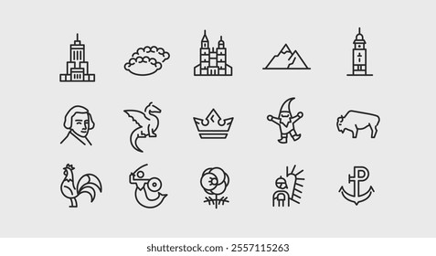 Poland icons. Set of 15 trendy minimal icons representing Polish culture, landmarks, and folklore such as the Wawel Dragon, Warsaw Mermaid, Tatra Mountains. Vector illustration. 