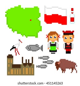 Poland icons set. Pixel art. Old school computer graphic style. Games elements.