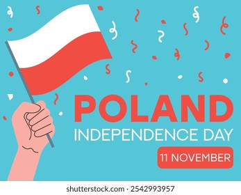 poland independence day 11 November, poland flag in hand. Greeting card, poster, banner template	