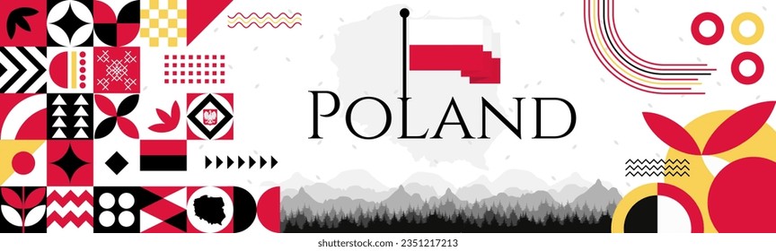 The Poland Independence Day abstract banner design with flag and map. Flag color theme geometric pattern retro modern Illustration design. Red and Black color template.