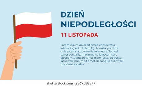 Poland Independence Day banner template (translation from Polish). National holiday 11 November. Hand holding Polish flag. Vector illustration.