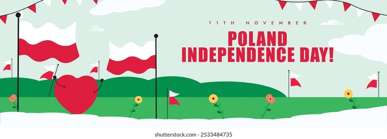 Poland Independence Day conceptual cover banner. 11th November Independence day of poland cover banner, post with its flags, heart icon. The day recalls restoration of Poland's sovereignty in 1918