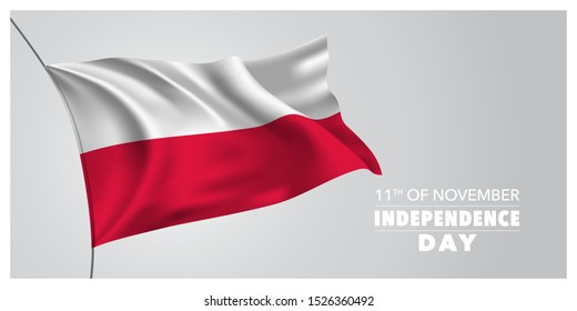 Poland independence day greeting card, banner, horizontal vector illustration. Polish holiday 11th of November design element with waving flag as a symbol of independence 