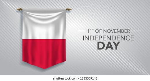 Poland independence day greeting card, banner, vector illustration. Polish national day 11th of November background with pennant