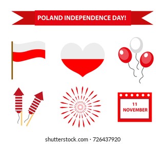 Poland Independence Day icon set, flat style. Collection of design elements with flag, heart, balloons, calendar, firework. Isolated on white background. Vector illustration