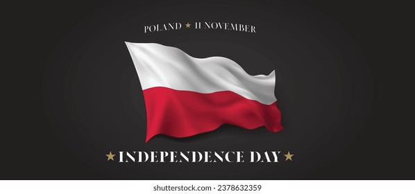 Poland independence day vector banner, greeting card. Polish wavy flag in 11th of November patriotic holiday horizontal design with realistic flag