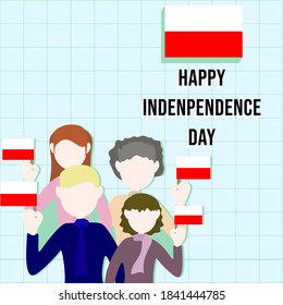 Poland Independence Day vector concept: People holding Poland national flag with happy independence day text. Poland happy independence day greeting card, banner, vector illustration.