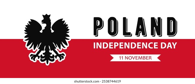 Día de la Independencia de Polonia, diseño de Anuncio de Web de Vector. Texto Día de la Independencia de Polonia, 11 de noviembre y escudo de armas en el fondo de la bandera polaca.