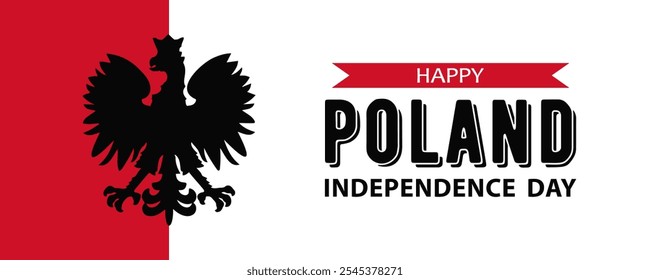 Día de la Independencia de Polonia, diseño de Anuncio de Web de Vector. Texto Feliz Día de la Independencia de Polonia y escudo de armas polaco sobre fondo rojo y blanco.