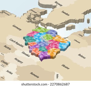 Poland isometric map with administrative divisions colored by regions(voivodeships) with neighbouring countries