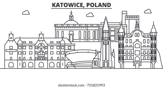 Poland, Katowice architecture line skyline illustration. Linear vector cityscape with famous landmarks, city sights, design icons. Landscape wtih editable strokes