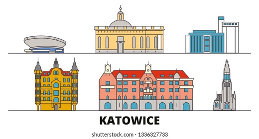 Poland, Katowice flat landmarks vector illustration. Poland, Katowice line city with famous travel sights, skyline, design. 