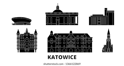 Polonia, Katowice planas de viajes. Polonia, ilustración vectorial de la ciudad negra de Katowice, símbolo, lugares de interés turístico, lugares emblemáticos.