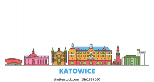 Poland, Katowice line cityscape, flat vector. Travel city landmark, oultine illustration, line world icons