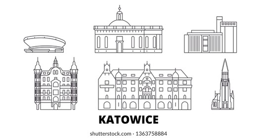 Polonia, línea Katowice línea de viaje en horizonte. Polonia, Katowice contorno ilustración de la ciudad vectorial, símbolo, monumentos de viaje, puntos de referencia.