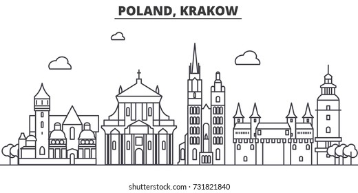 Poland, Krakow architecture line skyline illustration. Linear vector cityscape with famous landmarks, city sights, design icons. Landscape wtih editable strokes