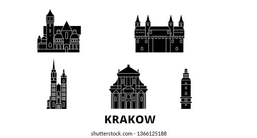 Poland, Krakow flat travel skyline set. Poland, Krakow black city vector illustration, symbol, travel sights, landmarks.