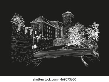 Poland. Krakow. Wawel castle. Hand drawn sketch. City vector illustration