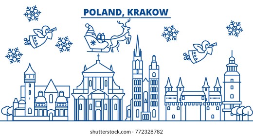 Poland, Krakow winter city skyline. Merry Christmas, Happy New Year decorated banner with Santa Claus.Winter greeting line card.Flat, outline vector.Linear christmas snow illustration