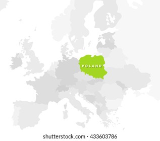 Poland location modern detailed map. All european countries without names. Vector template of beautiful flat grayscale map design with selected country name text and Poland border location