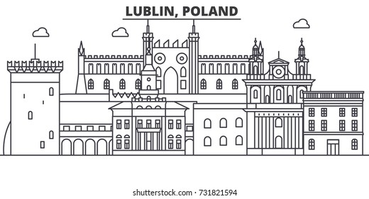 Poland, Lublin architecture line skyline illustration. Linear vector cityscape with famous landmarks, city sights, design icons. Landscape wtih editable strokes