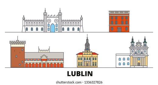 Poland, Lublin flat landmarks vector illustration. Poland, Lublin line city with famous travel sights, skyline, design. 