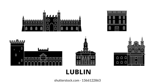 Poland, Lublin flat travel skyline set. Poland, Lublin black city vector illustration, symbol, travel sights, landmarks.