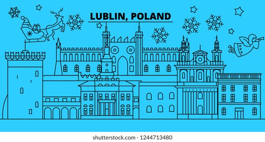 Poland, Lublin winter holidays skyline. Merry Christmas, Happy New Year decorated banner with Santa Claus.Poland, Lublin linear christmas city vector flat illustration