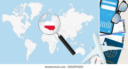 Poland is magnified over a World Map, illustration with airplane, passport, boarding pass, compass and eyeglasses. Vector illustration.