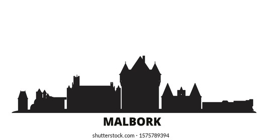 Poland, Malbork city skyline isolated vector illustration. Poland, Malbork travel black cityscape